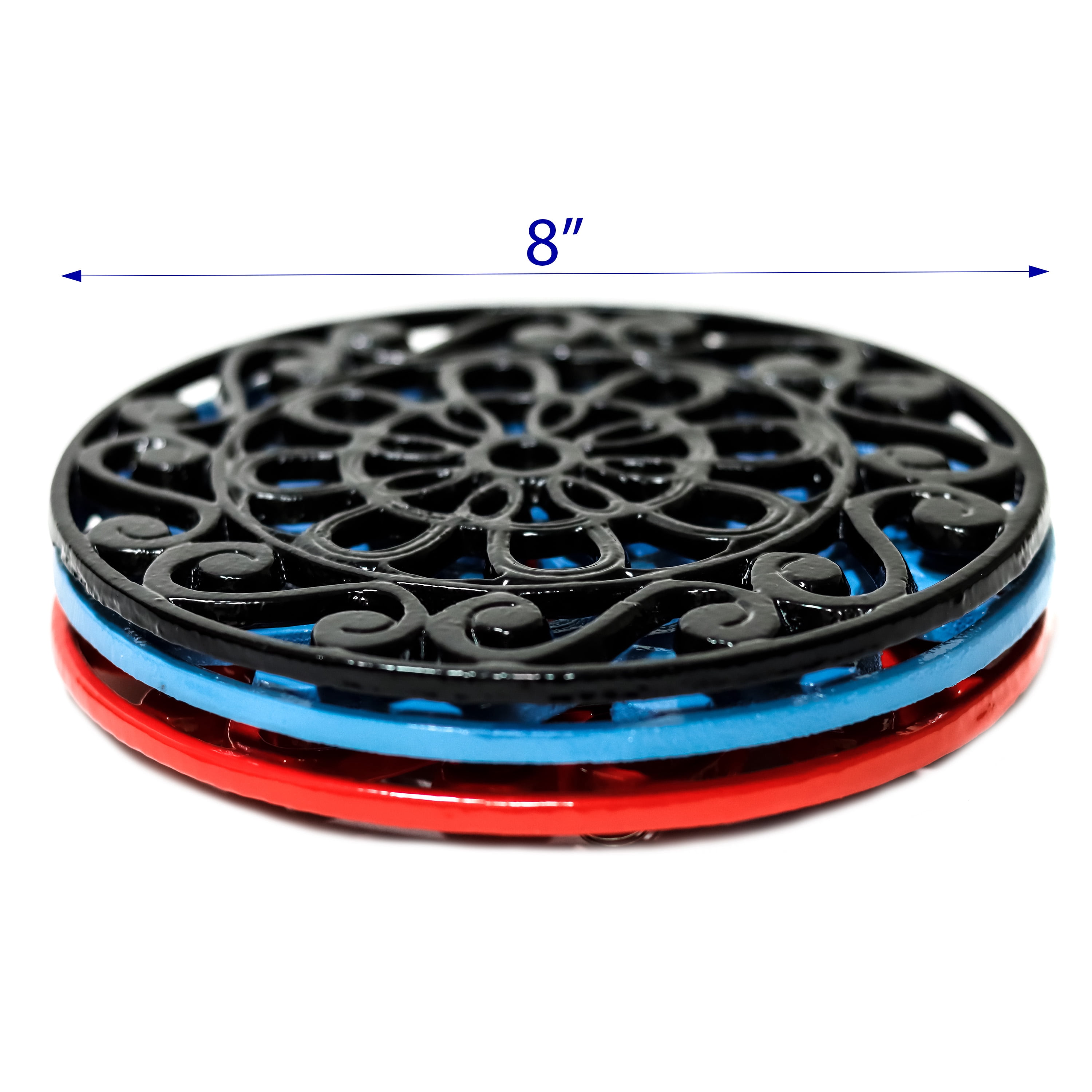Decorative Cast Iron Metal Trivets (Set of 3, Black/Red/Blue)