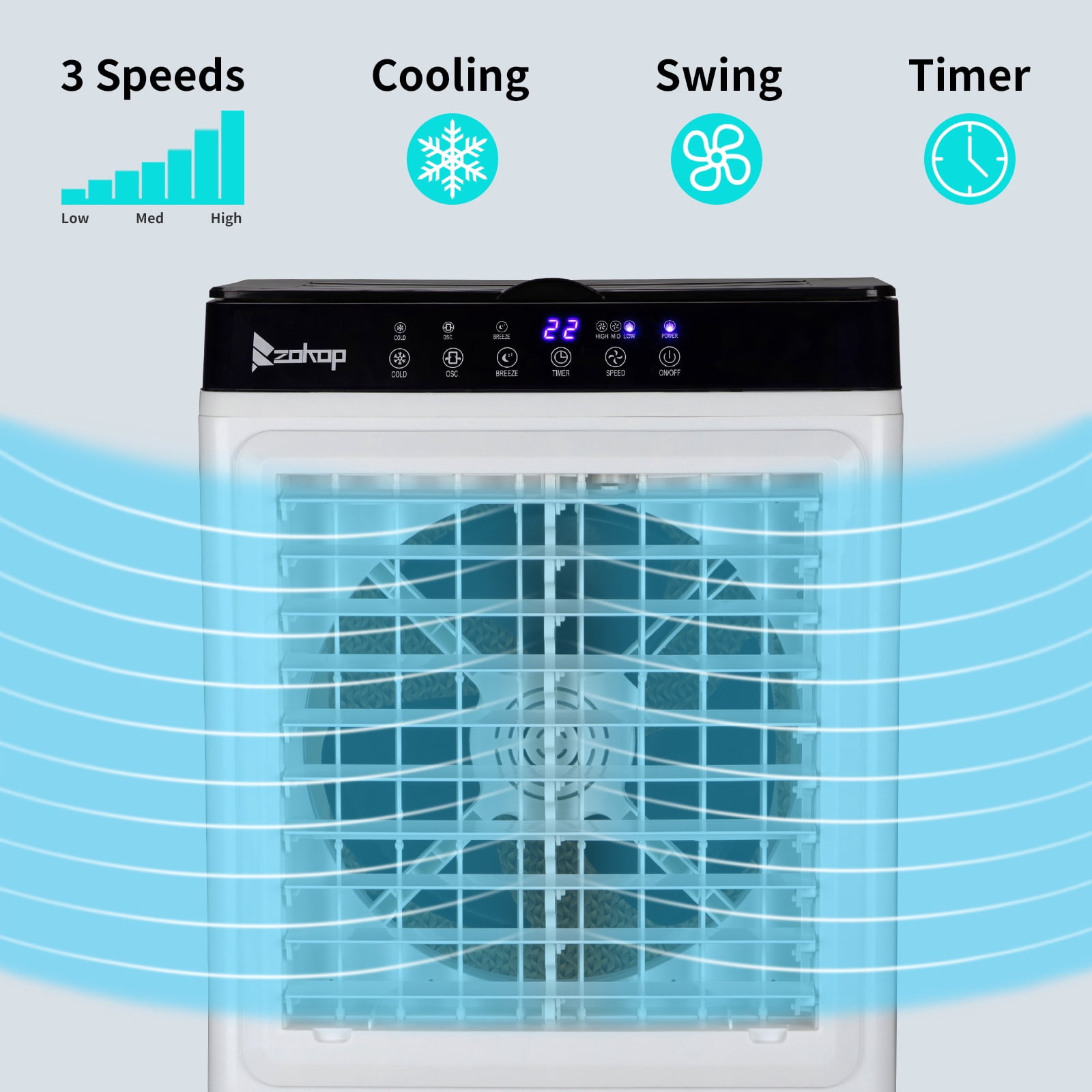 Evaporative Air Cooler, 2353CFM Portable Cooling Fan w/ Humidifier, Indoor Outdoor Swamp Cooler for Home Patio, 7.9GAL Water Tank, 4 Ice Packs, 3 Speeds, 90°Swing