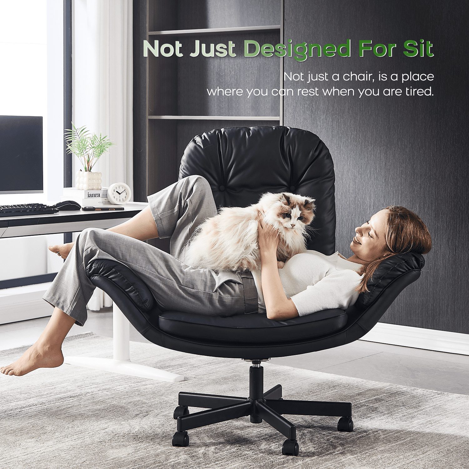 TMV PU Leather Office Chair Criss Cross Chair,Vanity Chair with Armrests & Wheels for Cross-Legged,Adjustable Swivel Desk Chair Wide Rolling Chair for Adults,Black