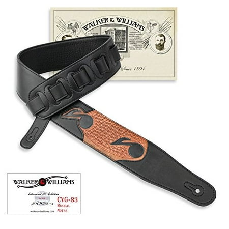 Carving Leather Tooled Guitar Strap - Walker & Williams CVG-83 Padded Leather Guitar Strap Hand Tooled Musical Notes