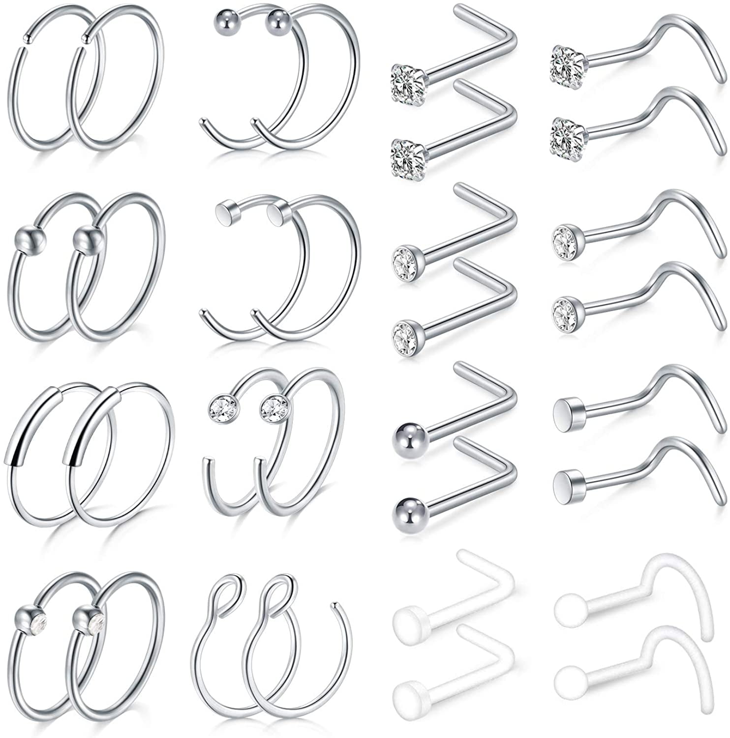 QWALIT 20g 18g Nose Rings Studs Surgical Steel L Shaped Nose Screw Nostril Piercing Jewelry Opal CZ Tragus Helix Cartilage Earrings Flat and Round Top for Women Men 