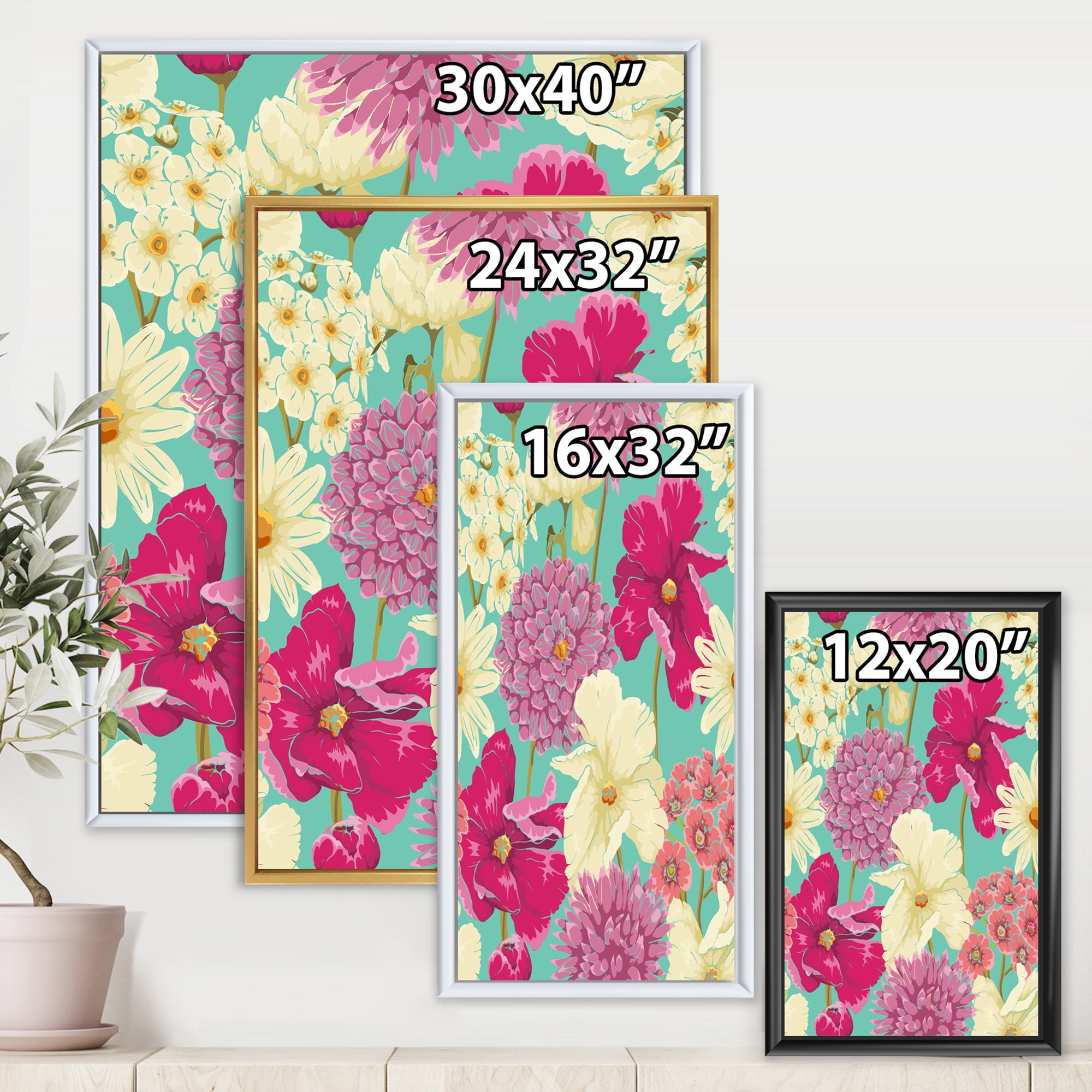 Designart 'Vintage Yellow and Pink Flowers' Traditional Framed Canvas Wall Art Print