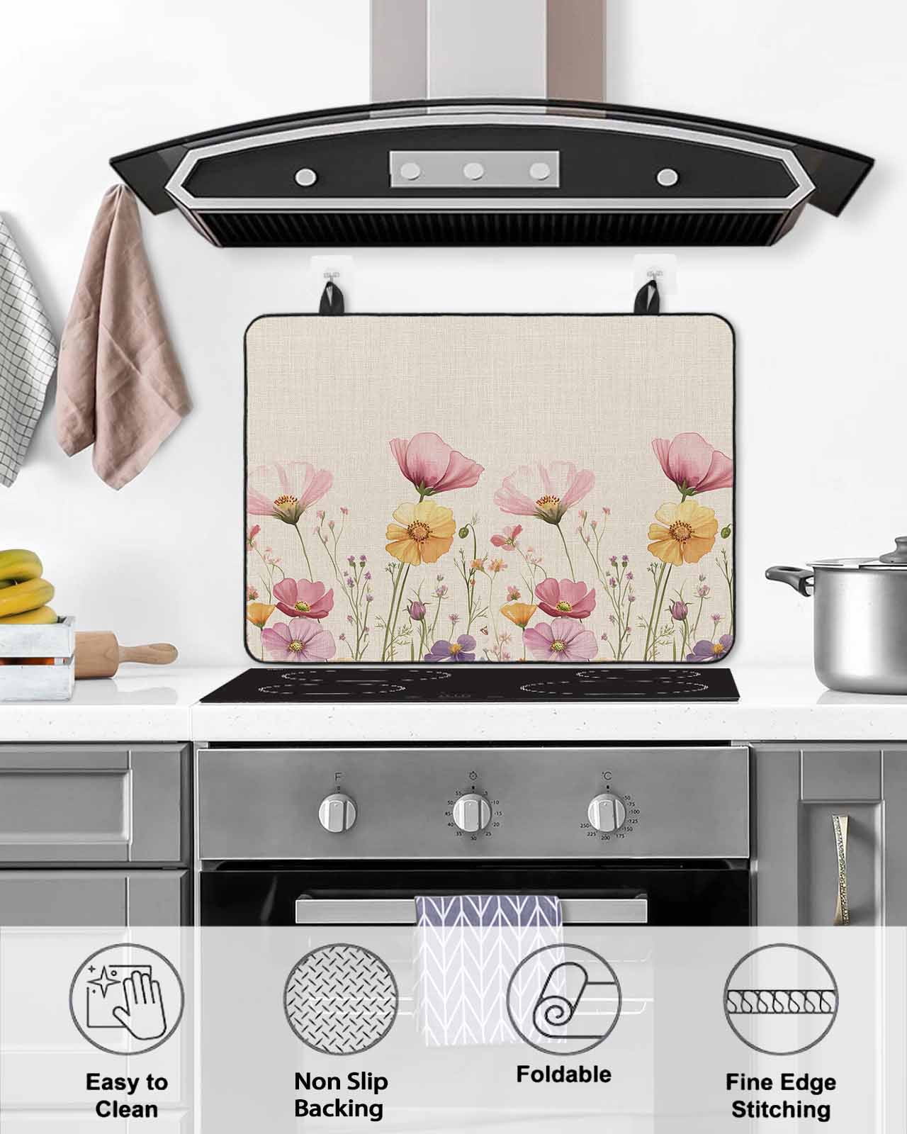 nqOlkjepod Large Induction Cooktop Protector Mat 36"x21", Pink Yellow Flowers Stove Top Covers for Electric Stove, Spring BotanicaL Wild Florals Art Stove Burner Cover Mats, Glass Top Stove Cover