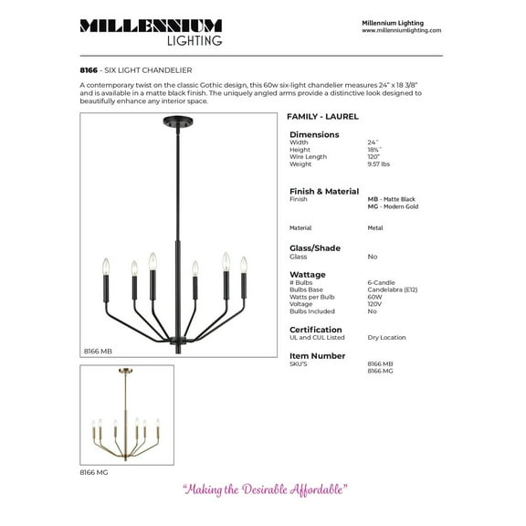 Millennium Lighting 8166 Laurell 6 Light 24" Wide Taper Candle Style Chandelier - Gold