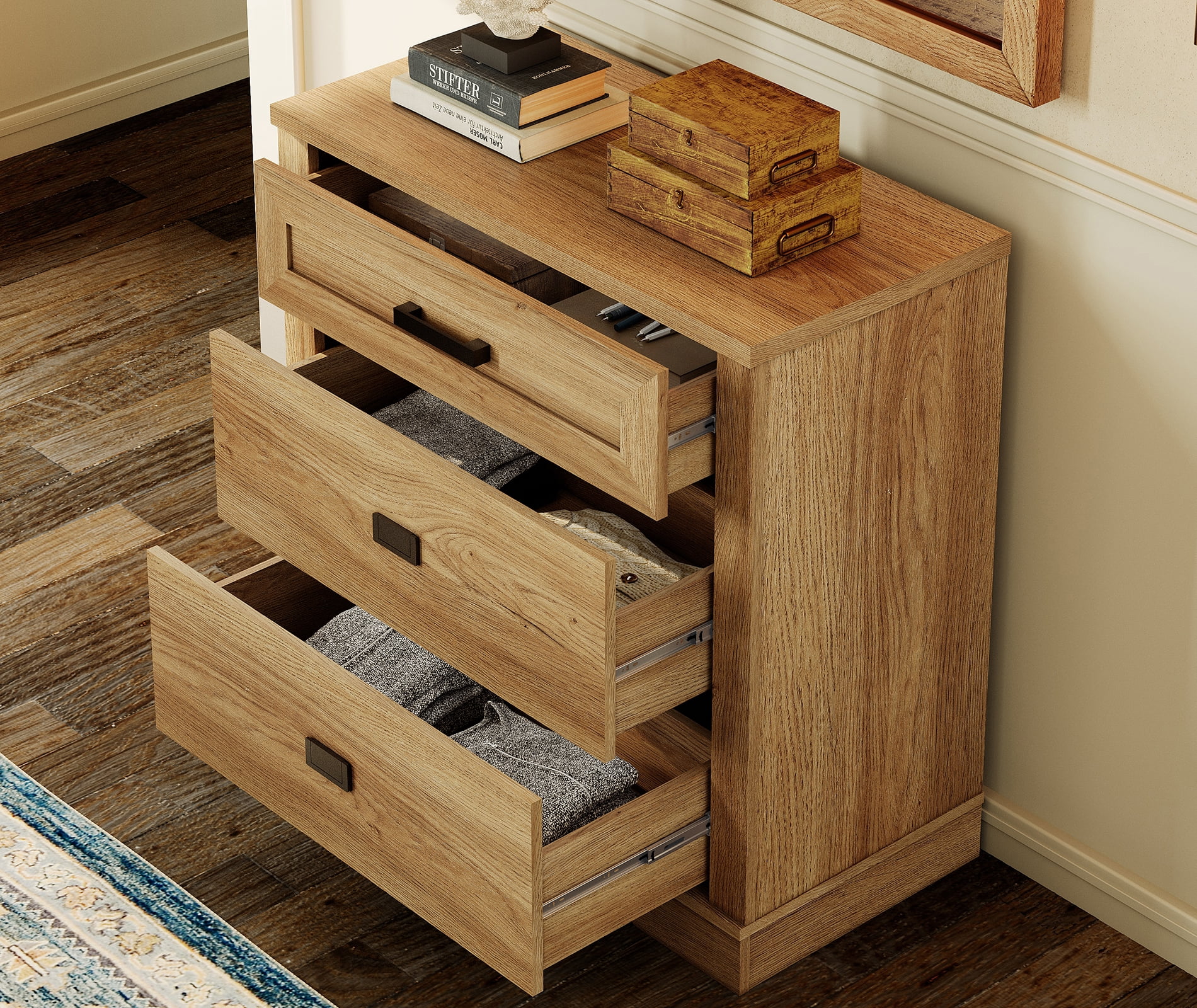 WAMPAT 31.5 inch Wide Large Nightstand for Bedroom, 32" Tall Oversized Modern Farmhouse Bedside Table with Large Drawers,31.5" W x 15.4" D x 32" H,Vintage Oak
