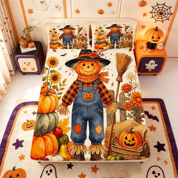 Manfei Classic Halloween Pumpkin Lantern Fitted Sheet Full,Cartoon Ghost Bed Set,3-Piece,1 Fitted Sheet and 2 Pillowcases