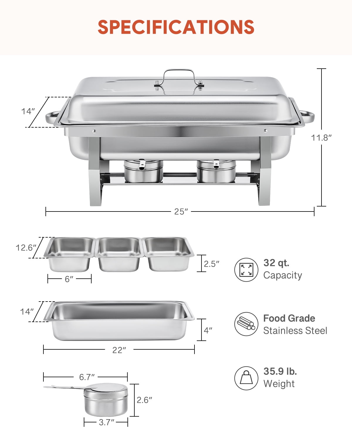 Wilprep 4-Pack Chafing Dish Buffet Set, 8Qt Stainless Steel Foldable Catering Food Warmer 1/3 Size Food Pan