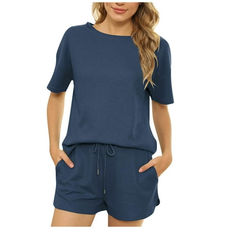 

Two Piece Sets for Women FashionShort Sleeve Casual Home Wear Pajamas Top Pants Suit Blue S