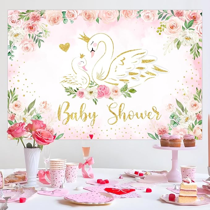 Swan Baby Shower Decorations Pink and Gold Swan Backdrop Balloon Garland Arch Kit Pink Swan Floral Decorations White Swan Baby Shower Decor for Baby Girls Baby Shower Party Supplies
