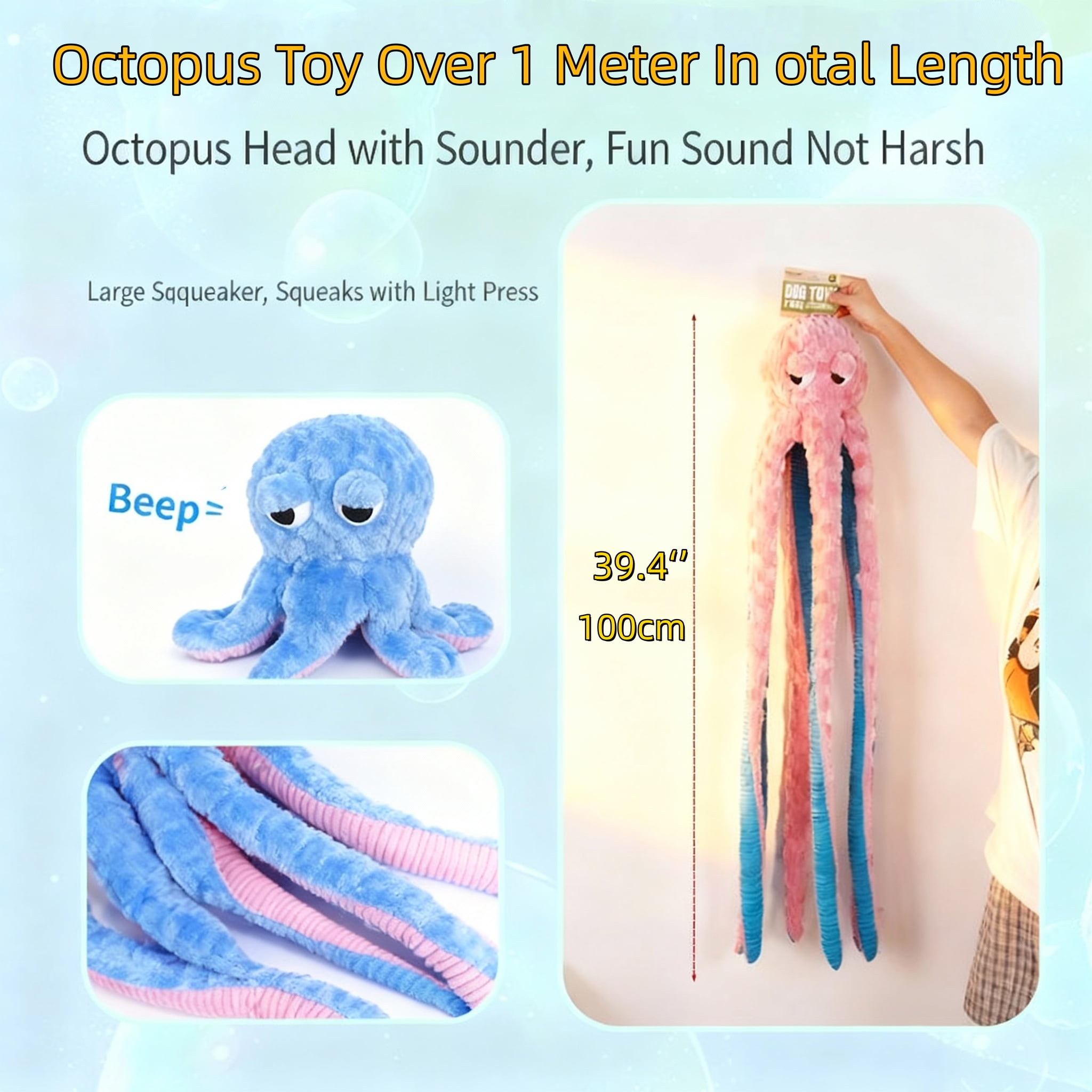 Squeaky Dog Toys Octopus -Plush Stuffed Dog Chew Interactive Toys 39.4 inch