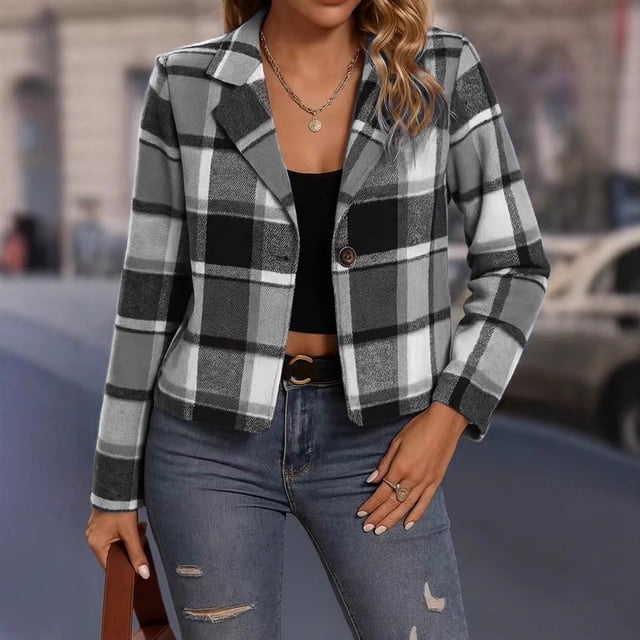 Roncen Womens Plaid Cropped Shacket Button Down Flannel Shirts Pockets Long Sleeve Light Jacket Spring Winter Fashion Coats