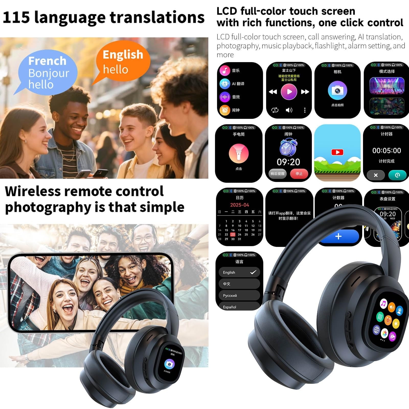X1 PRO AI Translation Wireless Headphones with Movable LCD Touch Screen,Translator Headset Real Time 115 Language & Accents Bluetooth 6.0,Photo Taking,Flashlight,Alarm Setting,Voice Recording