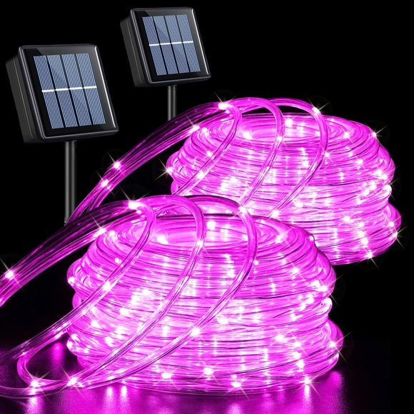 Luces solares en forma de cuerda QITONG de 2 x 10 m, 100 LED, color rosa, impermeables
