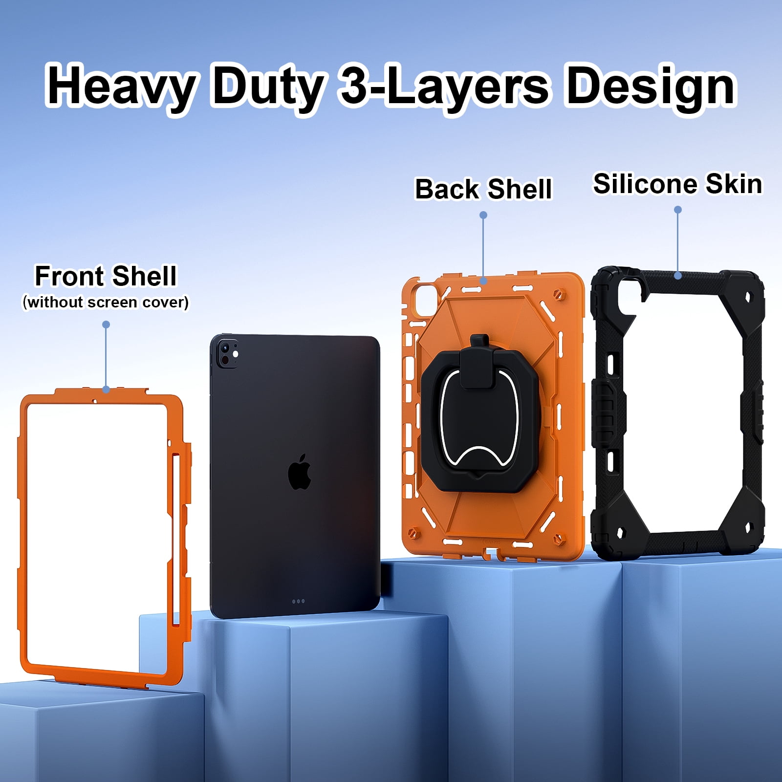 Dteck with Pencil Holder Case for iPad Pro 13 inch 2024,Heavy Duty Silicone Case 360 Degree Rotating Handle Stand Cover with Shoulder Strap for iPad Pro 13-in. (M4) ,Black+Orange