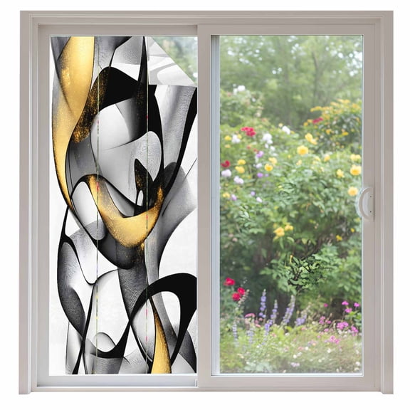 Black and Gold Line Window Privacy Film Abstract Art Modern Geometric Decorative Glass Window Film UV Blocking Static Cling Non-Adhesive Sticker Covering for Home Door 35.4x78.7 inches