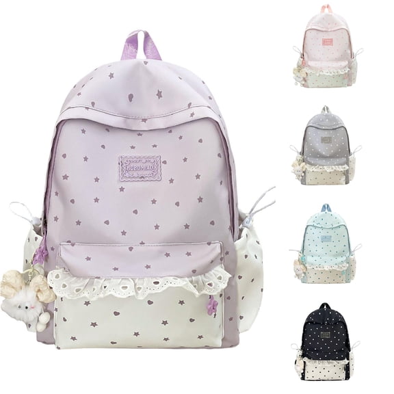 WAYUTE Backpack for Kids Lace Trim Star Print School Backpacks for Teen Girls Lightweight Side Water Bottle Pocket Bookbag Casual School Activities