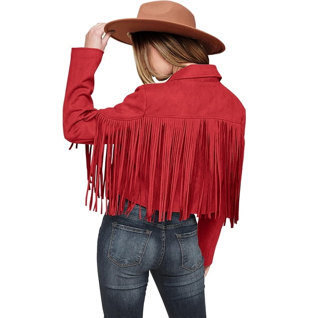 Chaqueta PRETTYGARDEN Roja Pequeña de Imitación de Gamuza con Flecos