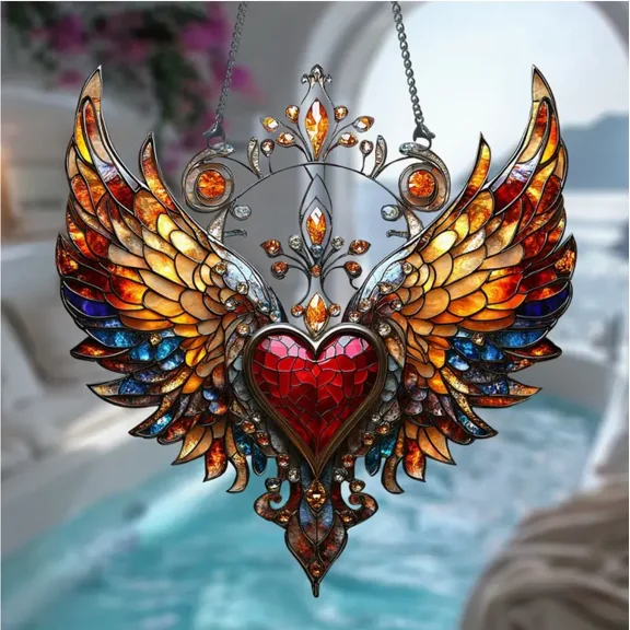 Red Heart with Angel Wings Suncatcher