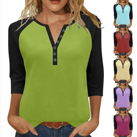 Dagugfen 3/4 Length Sleeve Womens Tops Color Block Slim Fitting Casual Button V Neck Casual Comfy Tops