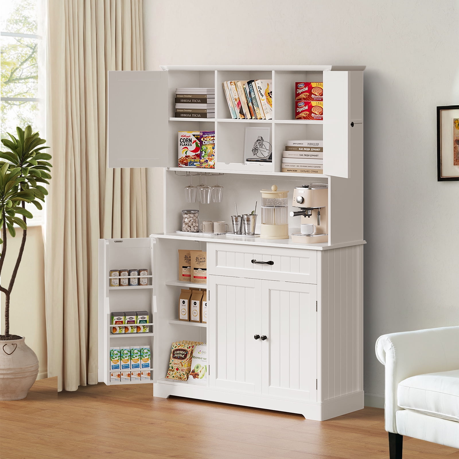 Lofka 67" Tall Pantry Cabinet for Kitchen Storage - 15 Shelves, 5 Doors, Microwave Shelf & Drawer, Freestanding Organizer Can Be Used as Coffee Bar Cabinet