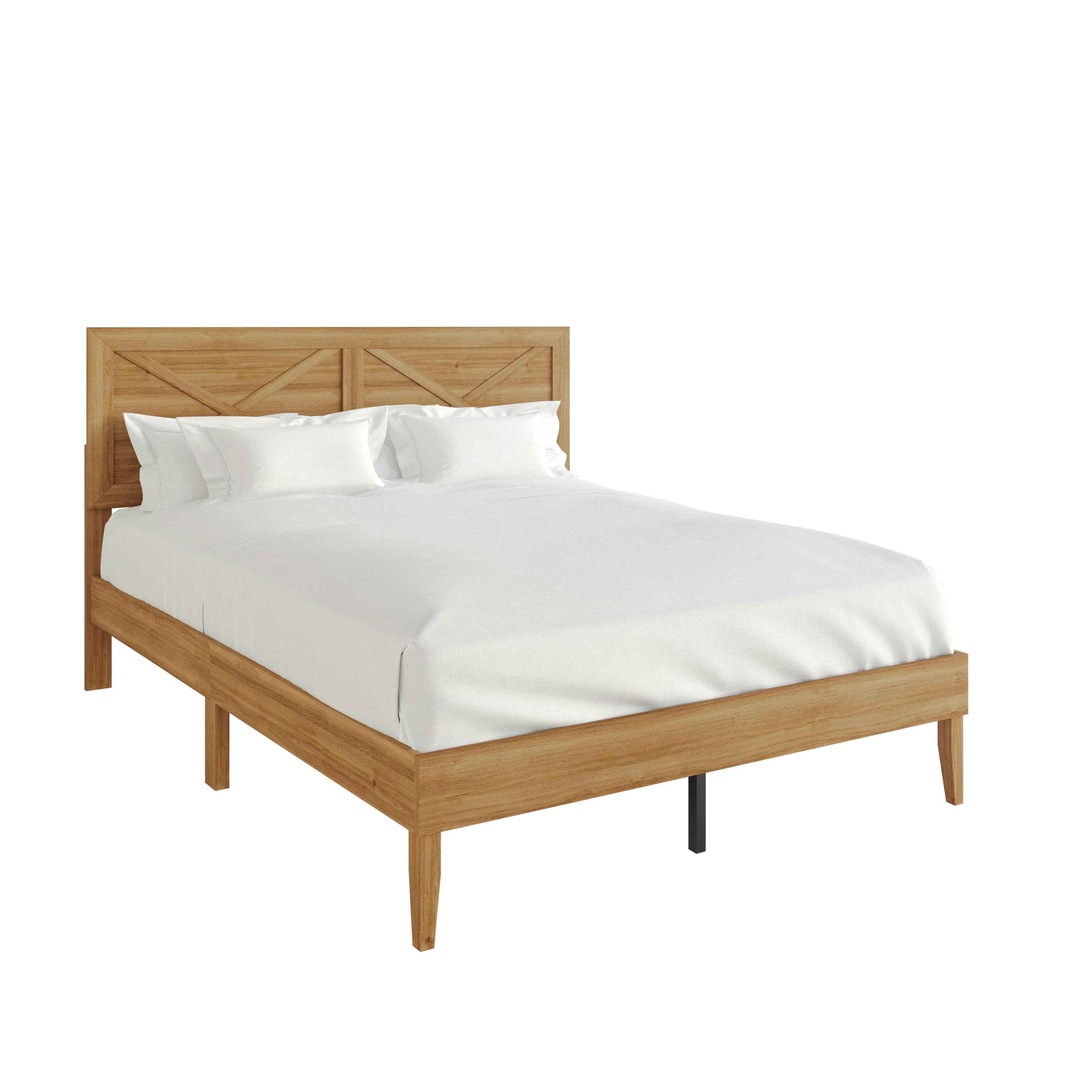 Home Design Oxnard Twin Solid Wood Platform Bed Frame with X-Pattern Headboard and Full Slat Support System, Light Oak