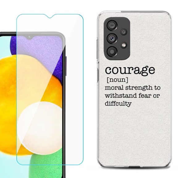 Slim-Fit Gel TPU Phone Case for Samsung Galaxy A23 5G, with Tempered Glass Screen Protector, by OneToughShield ® - Dictionary/Courage