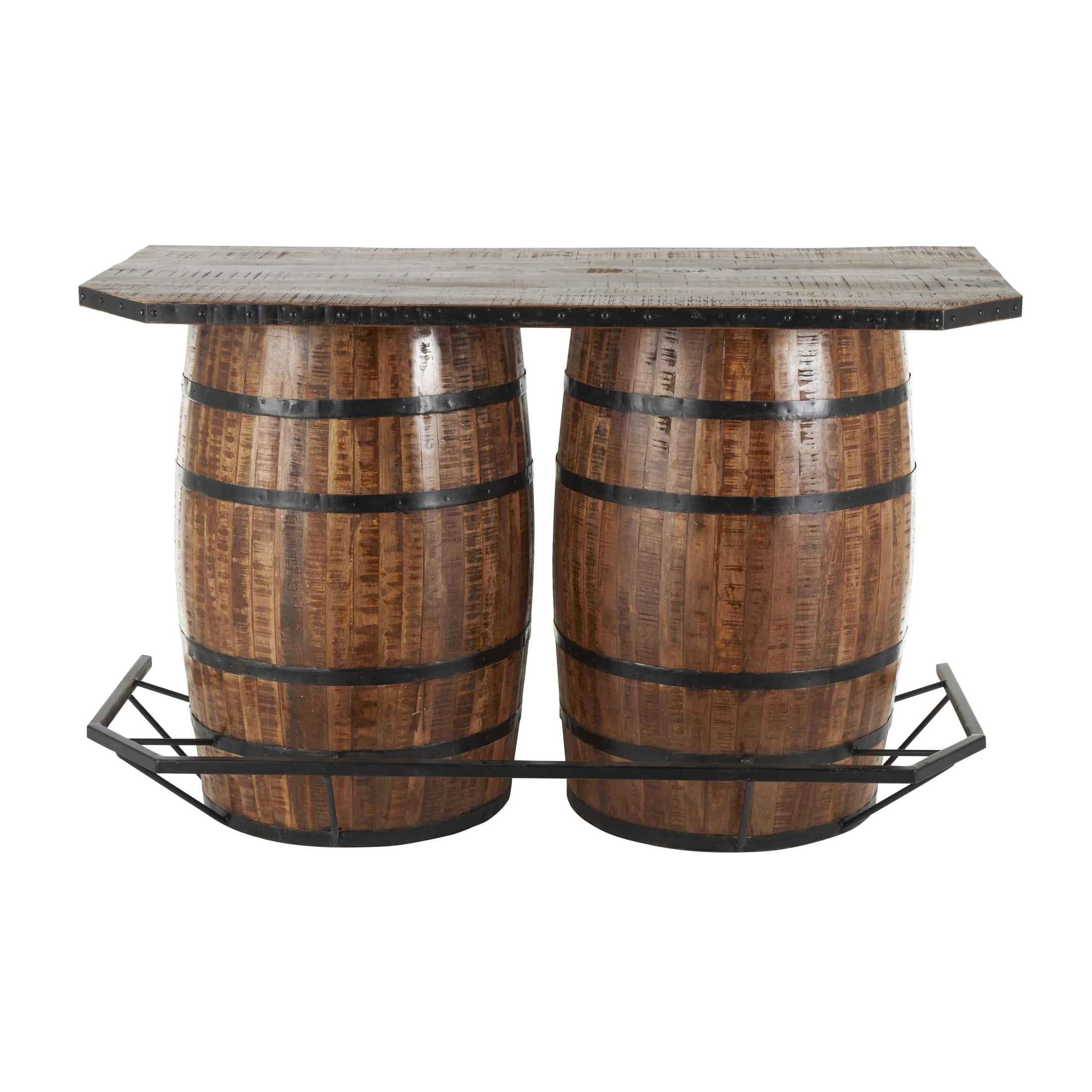 DecMode 63" x 40" Brown Mango Wood Kitchen Barrels Bar with Live Edge Tabletop and Black Metal Support, 1-Piece