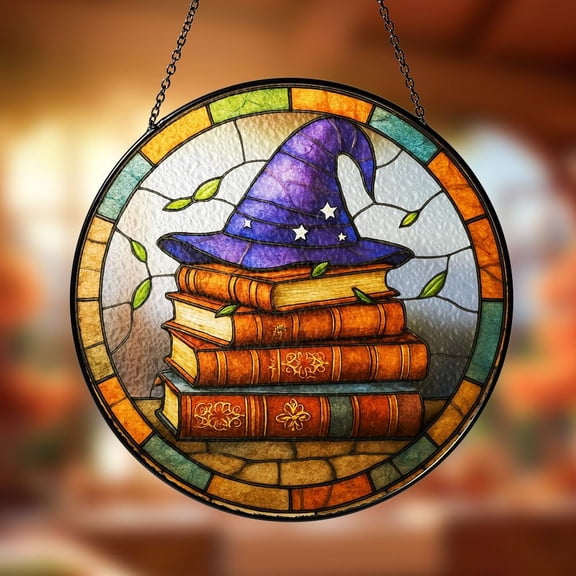 Wizard Hat Parttern Suncatcher, Wizard Books Colorful Window Hanging Arcylic Suncatcher, Witches Hat Book Window Decor Gift For Book Lover