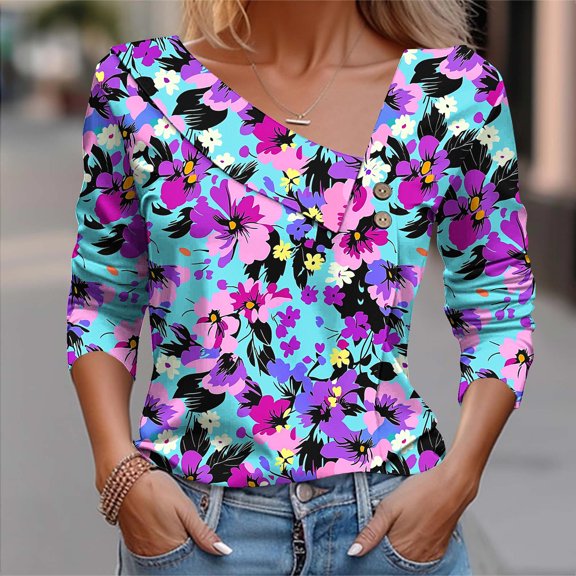 Molidfa Women’s Relaxed Fit Floral Mix 3/4 Sleeve Blouse