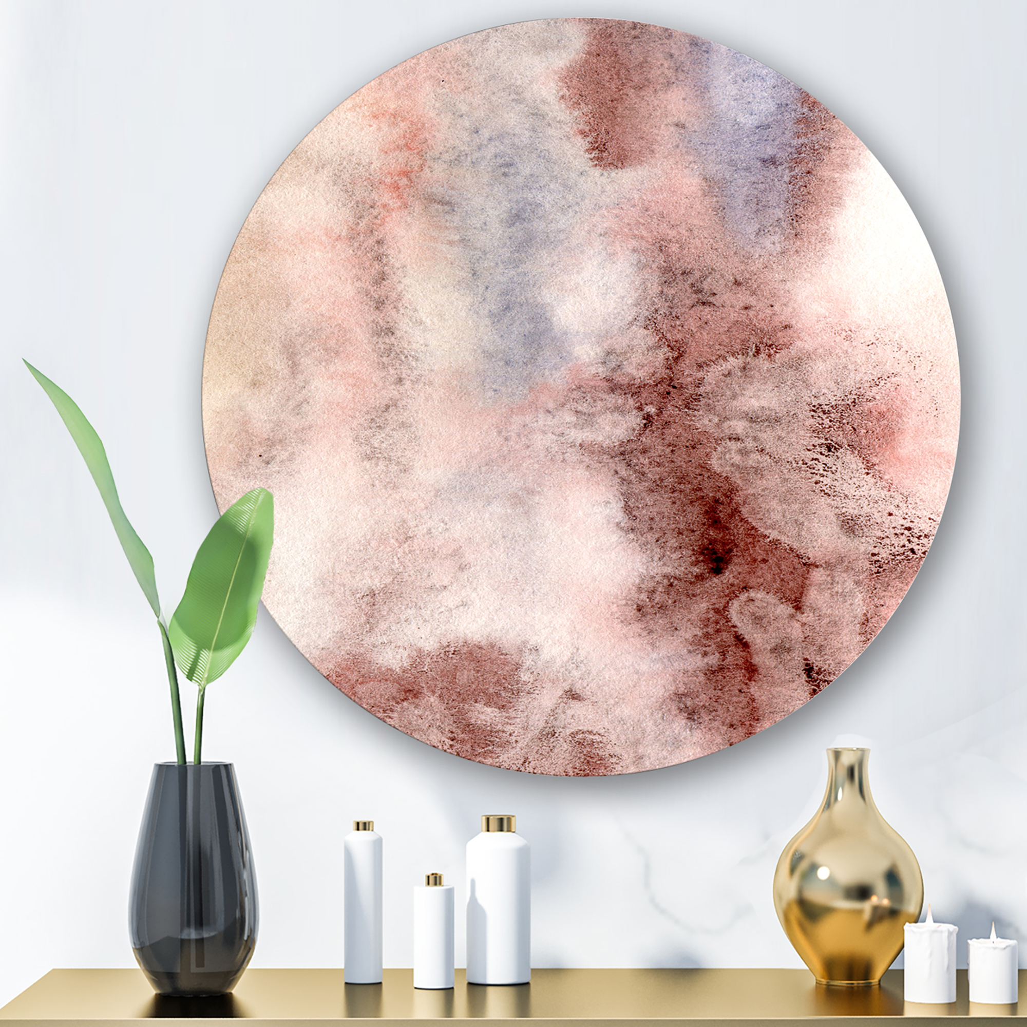 Designart 'Pastel Abstract With Pink Blue and Dark Red Spots' Modern Circle Metal Wall Art 11x11 - Disc of 11
