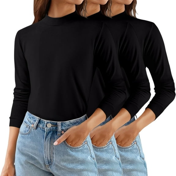 Women's Solid Color Mock Neck Thermal Sweater, 3-Pack Soft Base Layer Tops, Mid Neck Pullover for Women, Warm Fleece Lined Knit Shirts, Value Set of Comfortable Everyday Wear Mid Neck Sweaters Black