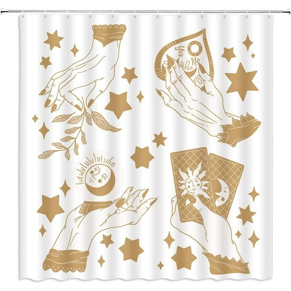 Witchy Shower Curtain Palmistry Spooky Ouija Board Sun Moon Hand Leaves Star Boho Magic Tarot Witchcraft Alchemy Gothic Halloween Mysterious Bathroom Curtain with Hooks,Yellow White