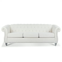 3 Seater Sofa Couch, 84" Rolled Arm Three Seater Sofa Button Tufted Couch with Channel Tufted Seat Back, Upholstered Sofa Chesterfield Polyester Faux Settee for Living Room, White