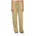 thumbnail image 7 of Women's Wide Leg Sweatpants Cotton Soft Fabric Drawstring with Low Waist Trendy Casual Baggy Khaki 2XL, 7 of 7
