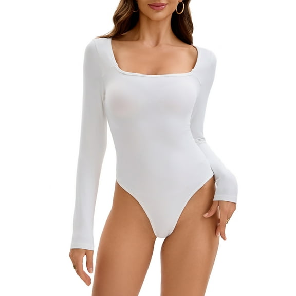 INSPIRE CHIC Women's Long Sleeve Bodysuit Slim Fit Square Neck Tummy Control Brief Leotard S White