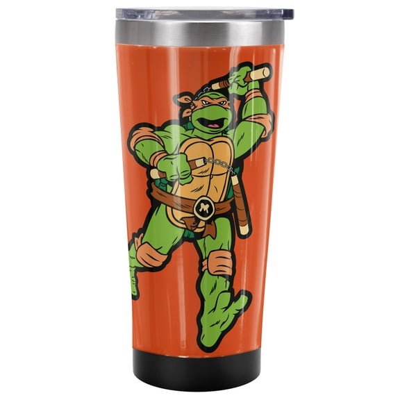 TMNT Teenage Mutant Ninja Turtles Official Mikey And Logo 20 oz Travel Tumbler, Stainless Steel, Vacuum Insulated with Leak Resistant Slide-Lock Lid