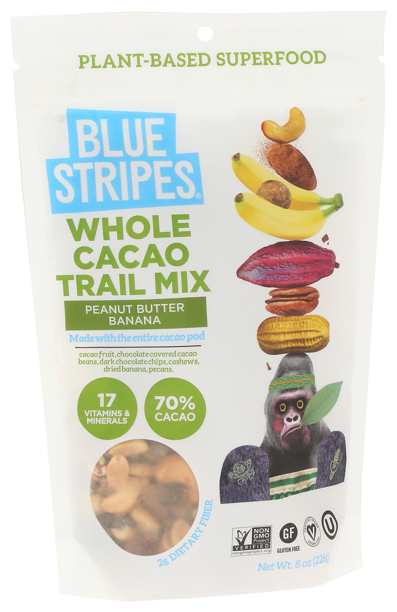 (Pack of 6) Blue Stripes Peanut Butter Banana Whole Cacao Trail Mix, 8 oz