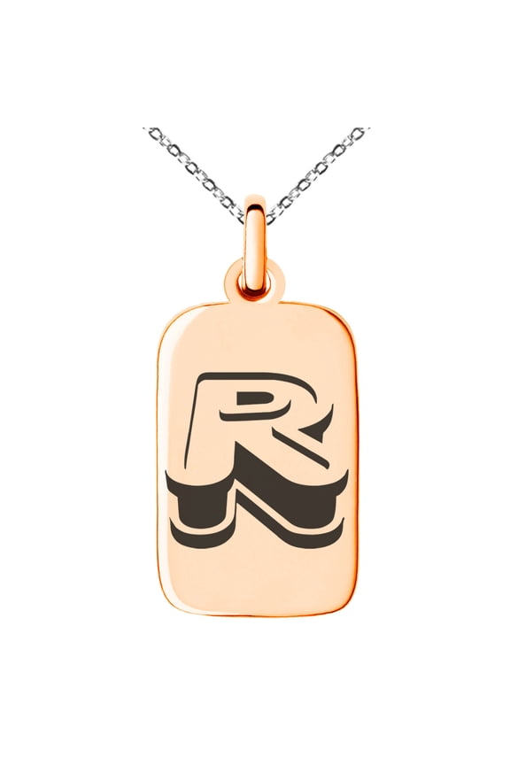 Stainless Steel Letter R Initial 3D Monogram Engraved Small Rectangle Dog Tag Charm Pendant Necklace