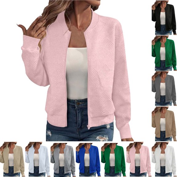 Fmbrln Women's Textured Knit Bomber Jacket Stand Collar Zip Up Jackets Long Sleeve Casual Trendy Fall Outerwear