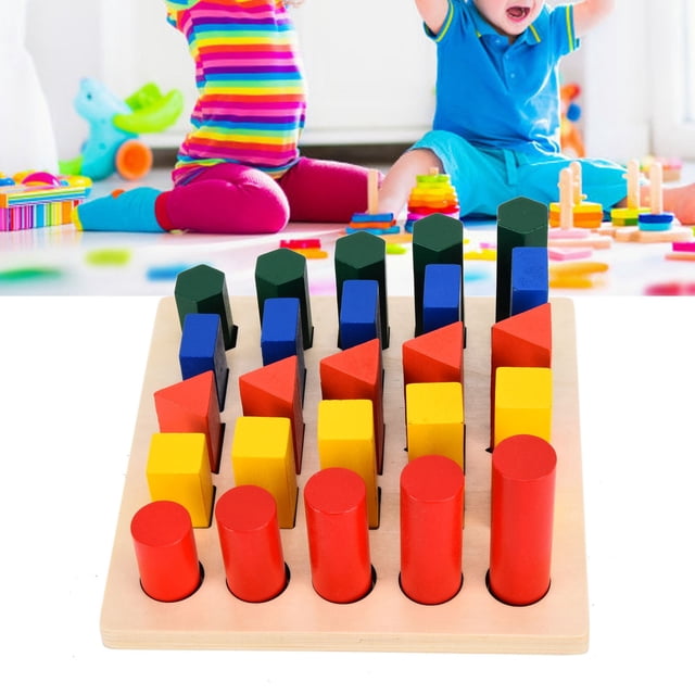 Wooden Geometric Toys Puzzle, Stacking Montessori Sensory Teaching Colored Wooden Geometric Blocks for Children Geometry Ladder