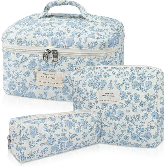 Makeup Bag Set, Quilted Makeup Bag, Large Floral Cosmetic Bag for Women, Cute Cotton Makeup Bags, Flower Travel Toiletry Organizer Bag
