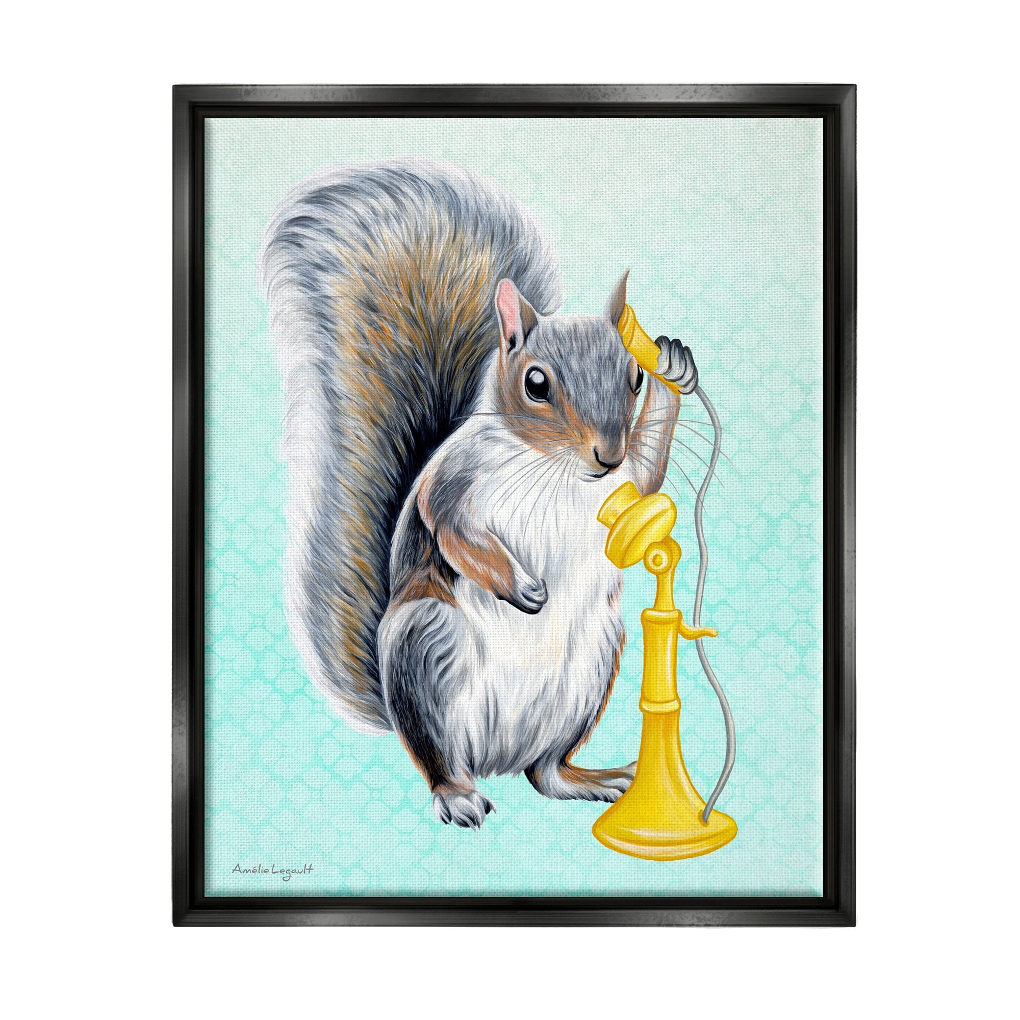 Stupell Industries Squirrel Talking Yellow Candlestick Telephone Patterned Shapes Graphic Art Luster Gray Floating Framed Canvas Print Wall Art, Design by Amelie Legault