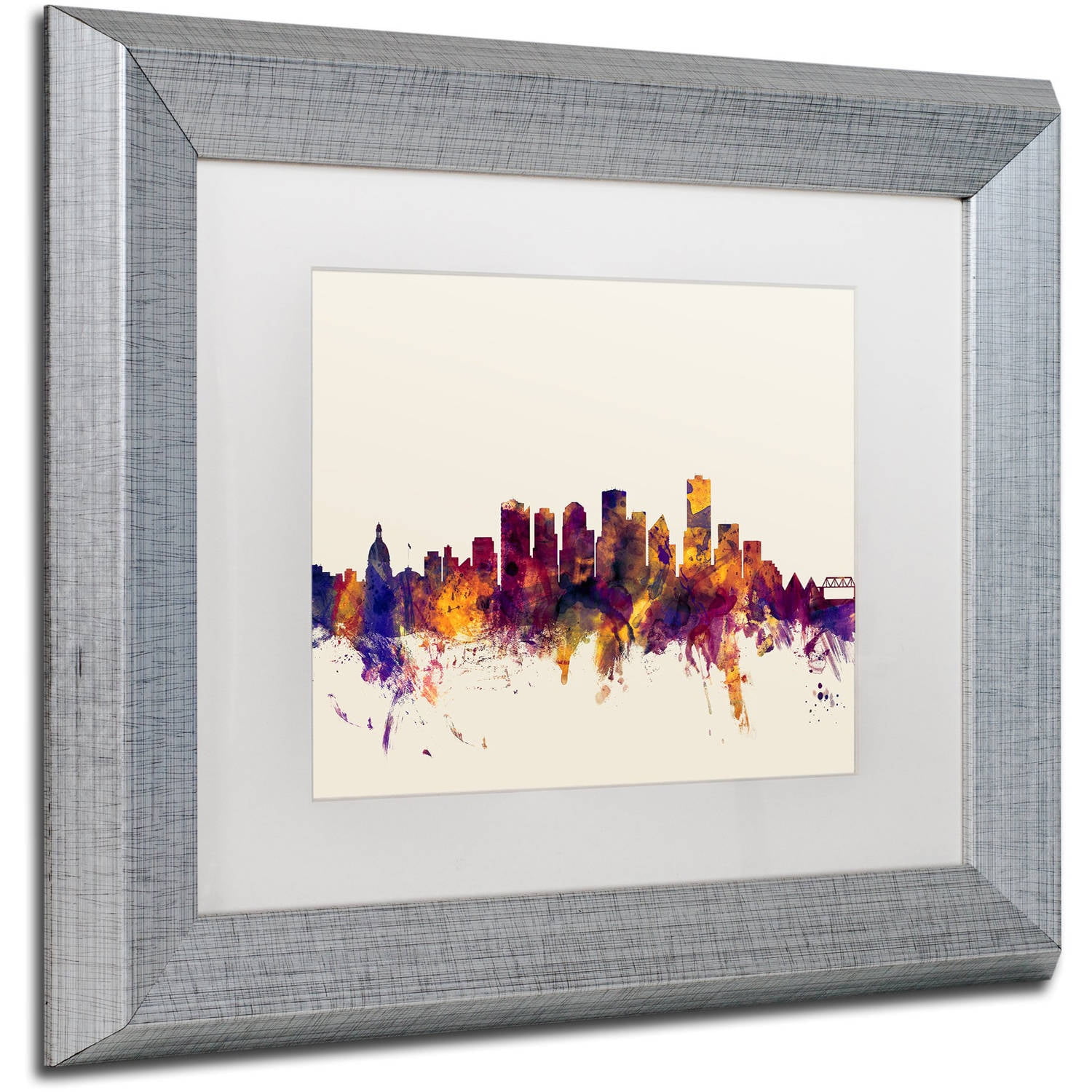 Trademark Fine Art "Edmonton Canada Skyline" Canvas Art by Michael Tompsett, White Matte, Silver Frame