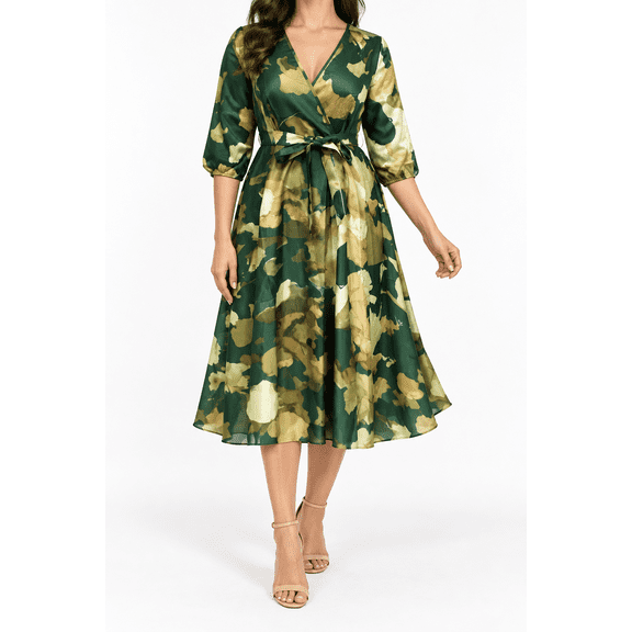 Plus Size Green & Gold Metallic Print Midi Dress, Wrap V-Neck 3/4 Sleeve A-Line Dress with Waist Tie & Pockets