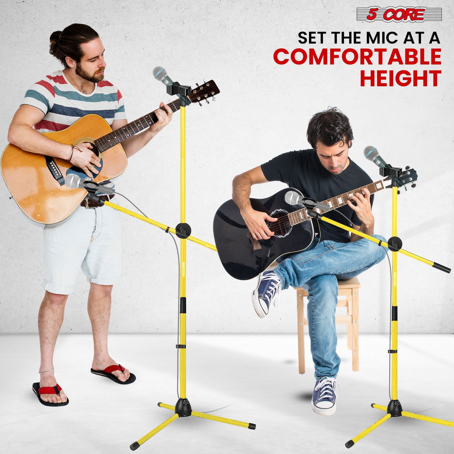 Mic Stand Floor Height Adjustable Tripod Microphone Stands w Extending Telescoping Boom Arm - MS DBL G Yellow
