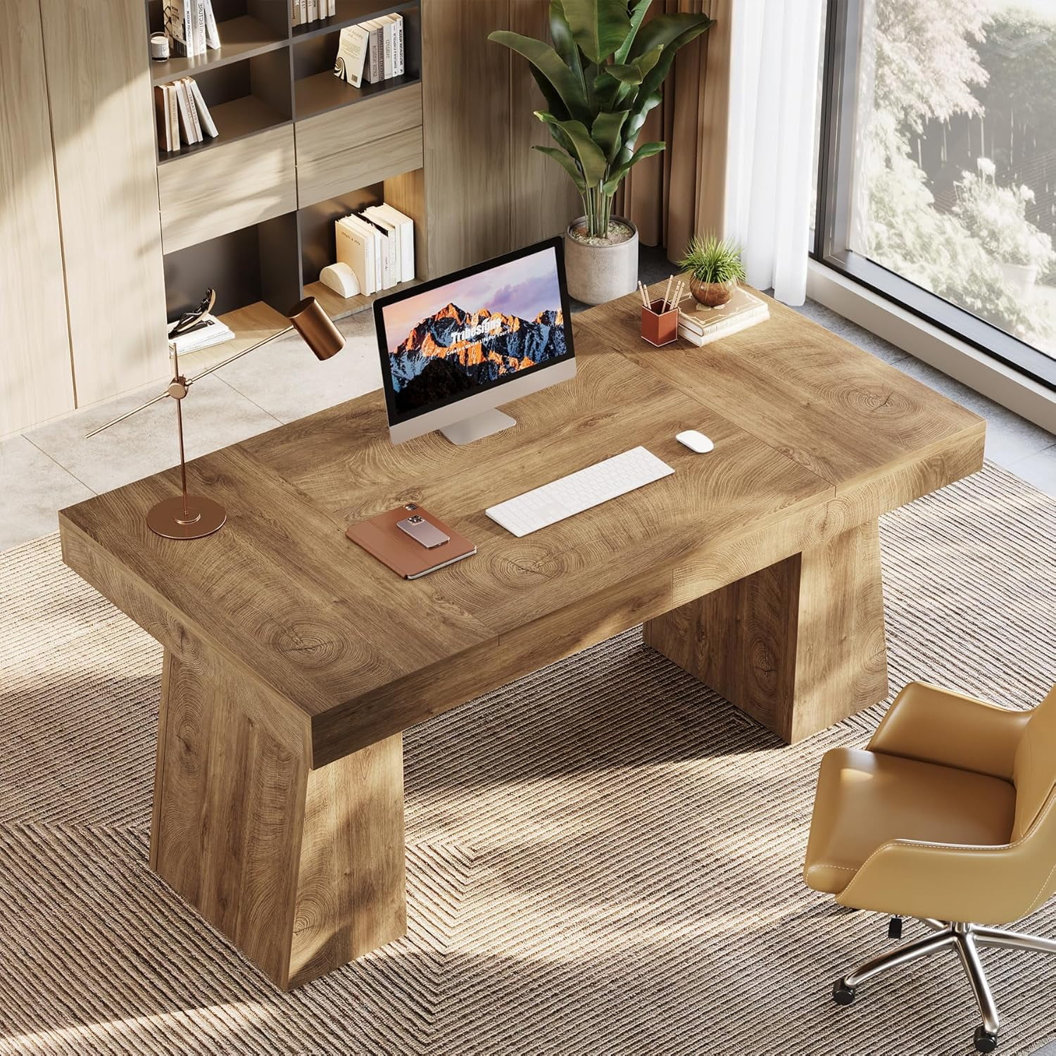 Finmind Large Wood Executive Desk, 55" Rectangle Office Desk with Double Pedestal, Modern Minimalist Computer Desk Workstations Conference Table Furniture for Home Office(Light Brown)