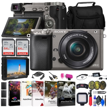 Sony Alpha a6000 Mirrorless Digital Camera with 16-50mm Lens (Graphite) (ILCE6000L/H) + 4K Monitor + Rode VideoMic + Filter Kit + 2 x 64GB Card + 3 x NPF-W50 Battery + Card Reader + LED Light + More