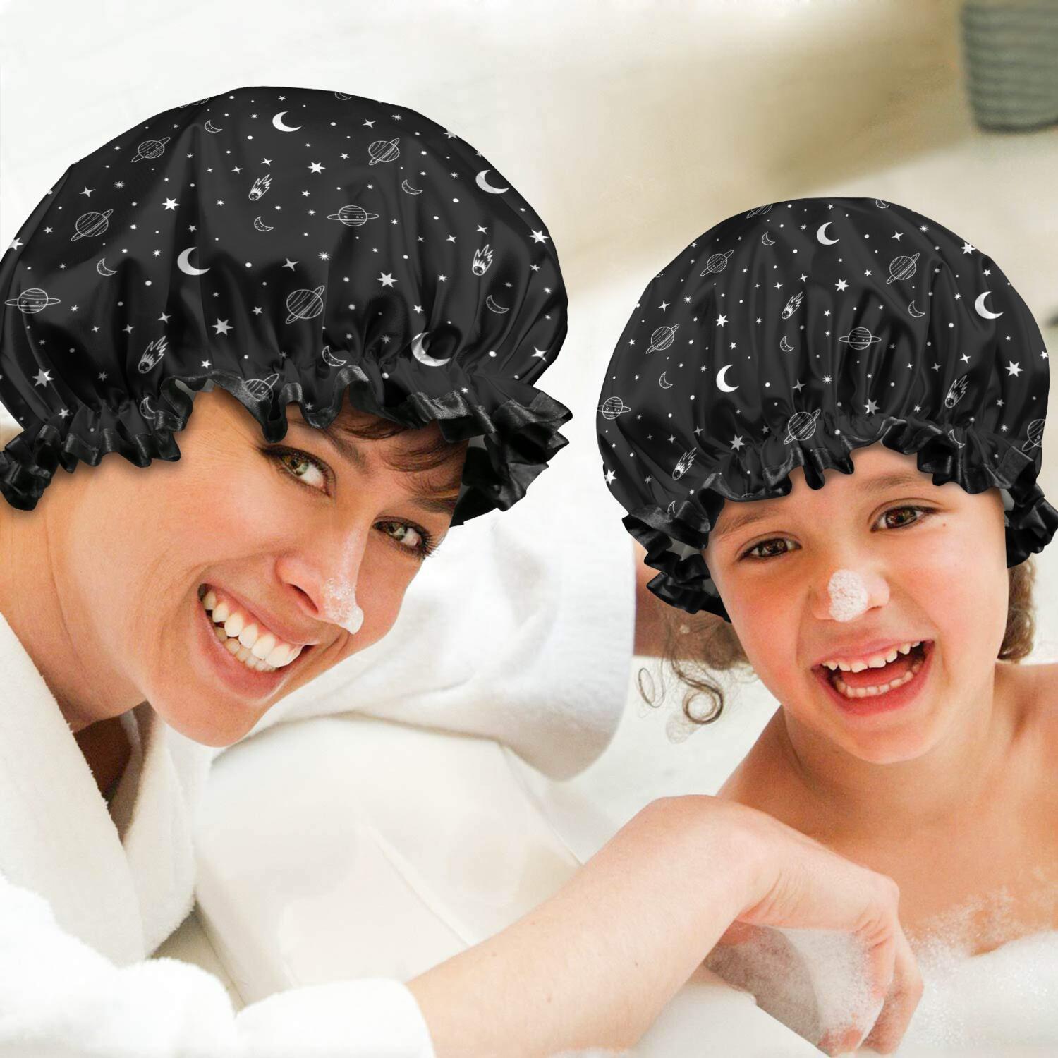 Shower Caps,Black White Star Moon Planet Comet Pattern Waterproof Shower Cap for Women 4 Pieces,Double Reusable Hair Cover for Shower PEVA Elastic Stretch Hem