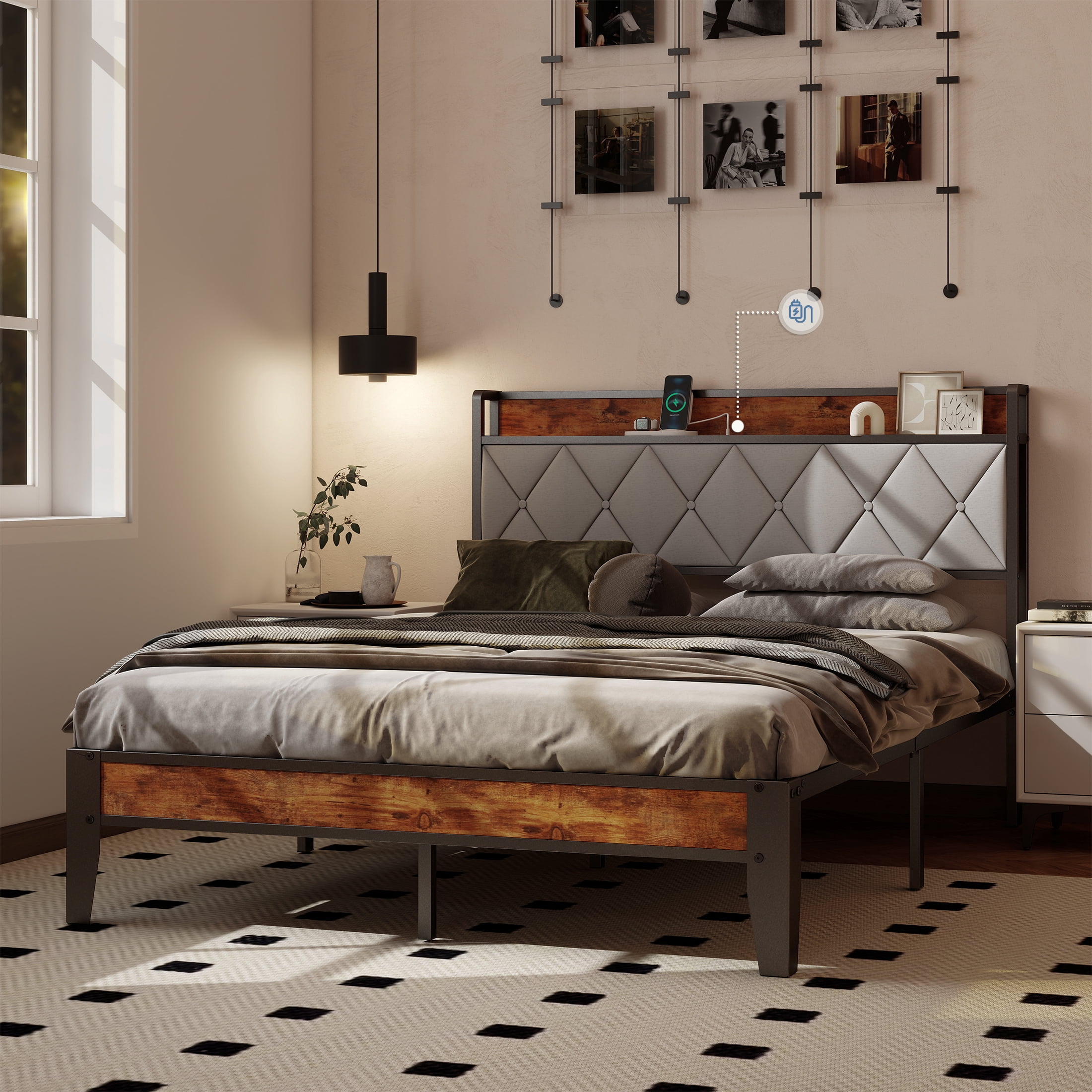 CONCETTA Full Bed Frame, Heavy Duty Metal, Storage Headboard with Charging Station, Noise Free, No Spring Box Required, 880lbs Capacity