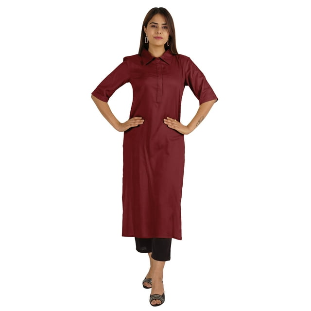 Moomaya Kurta en Rayonne Uni pour Femmes à Manches Évasées, Col à Cordon, Kurti Ethnique Long